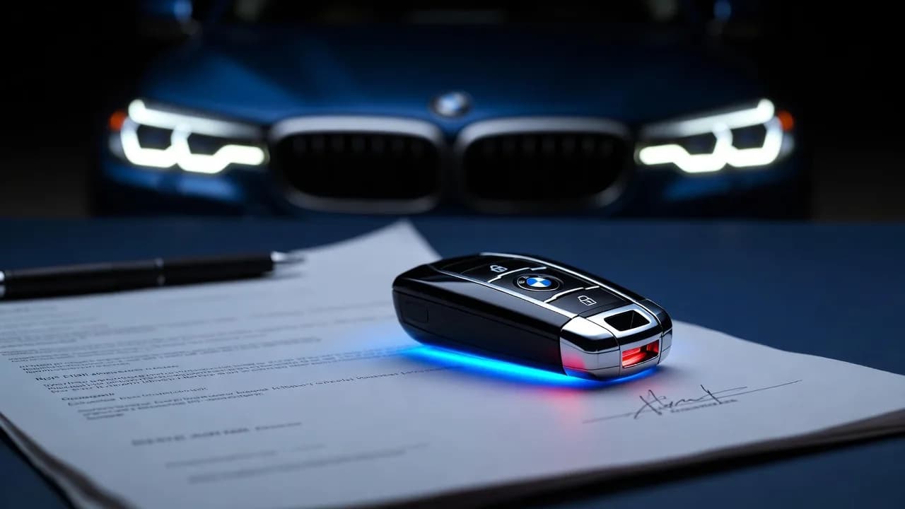 Подписанный договор и смарт-ключ BMW на фоне синей BMW 5 серии