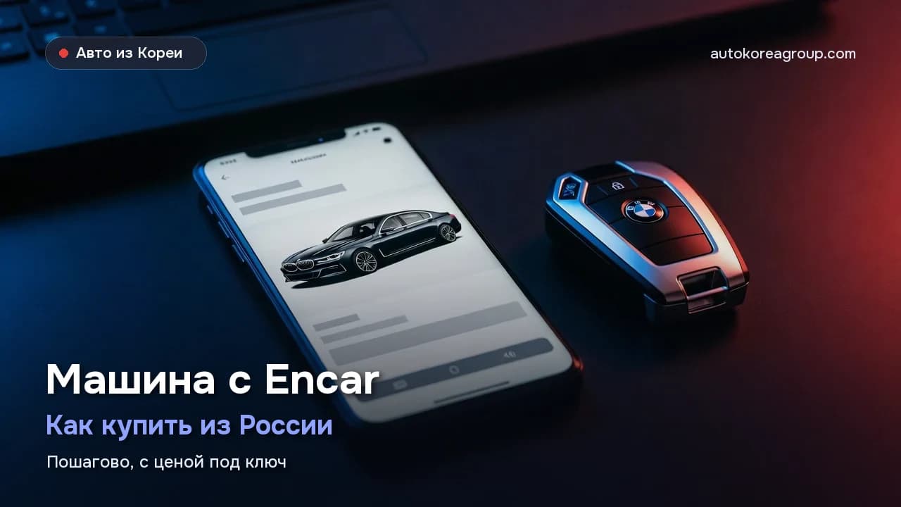 Смартфон с объявлением BMW 7 серии и смарт-ключ BMW на тёмном столе в синем и красном свете
