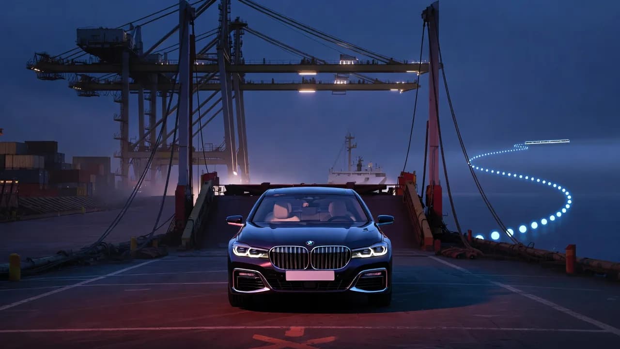 BMW 740Li на рампе парома в порту Пусан, маршрут до Владивостока