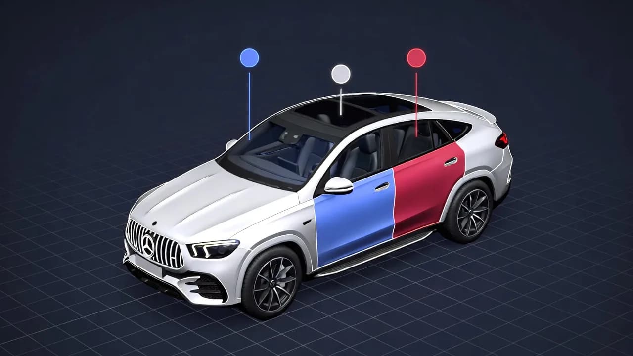 Mercedes-Benz GLE со схемой кузова: отмеченные детали выделены синим и красным