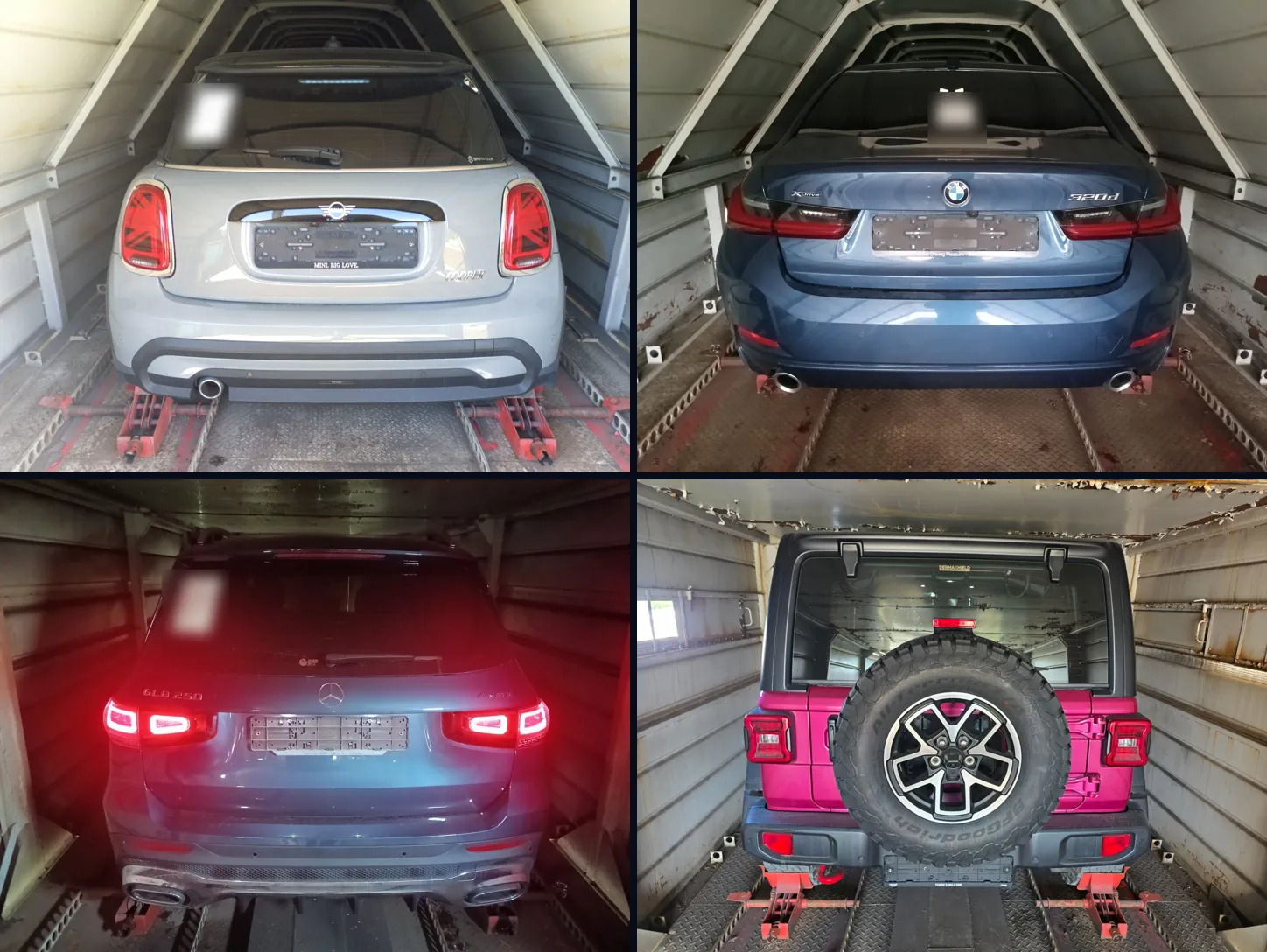Mini Cooper, BMW 320d, Mercedes-Benz GLB и Jeep Wrangler наших клиентов, закреплённые в железнодорожных вагонах